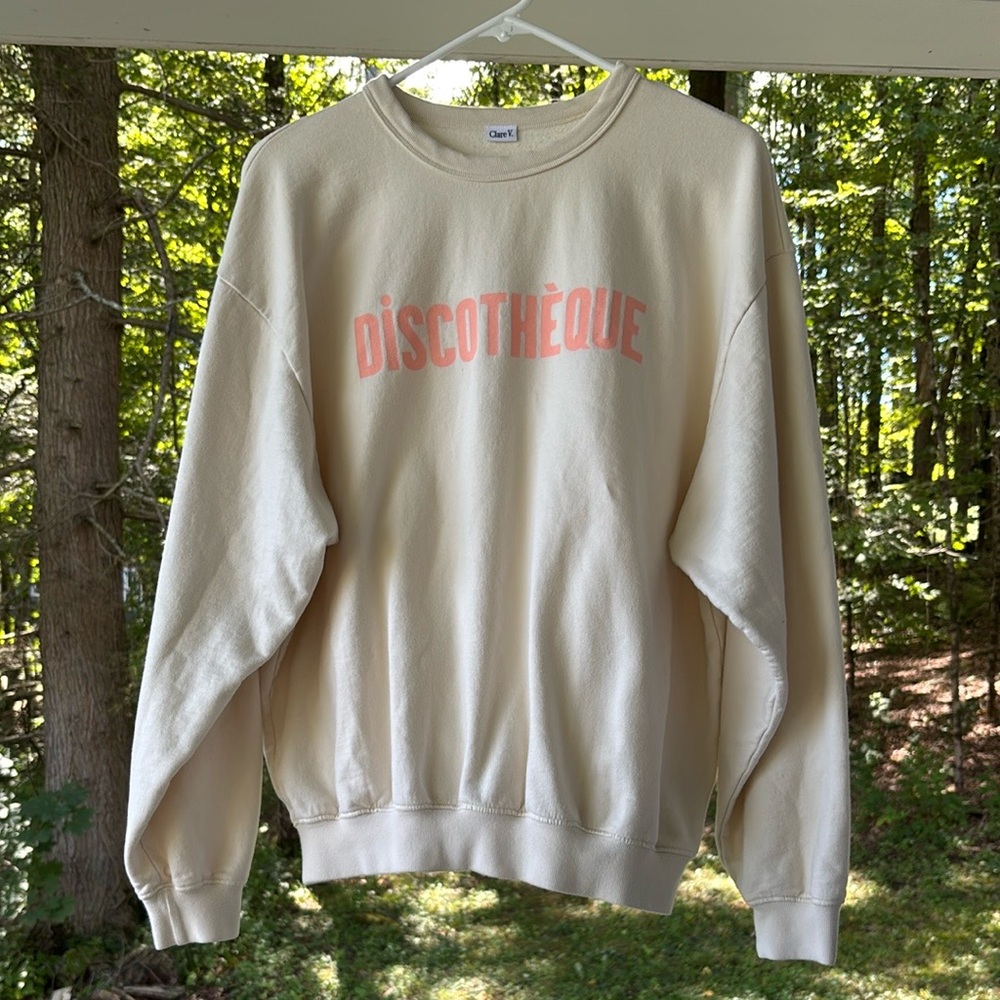 Clare V Cream and Pink Crewneck “Discotheque” Sweatshirt